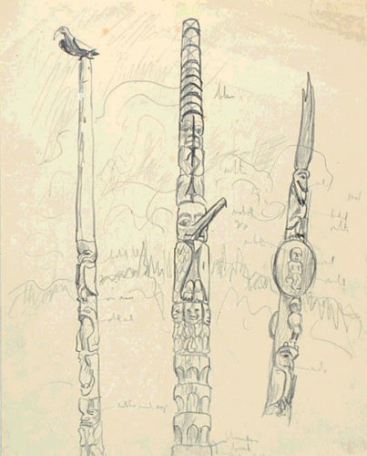 'Three totem poles at Kitsegukla' / A.Y. Jackson / National Gallery of Canada / 17484r